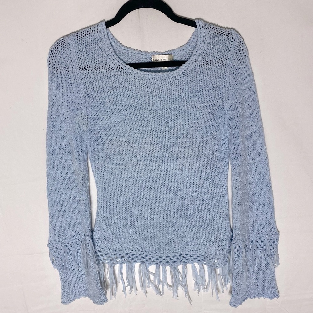Vintage Y2K Laura Petites Light Blue Knit Sweater W Fringe MP